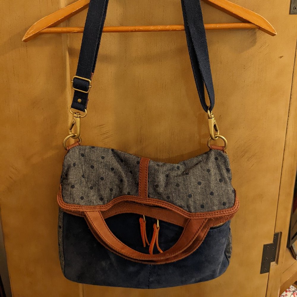 FOSSIL Crossbody Foldover Bucket Bag - Navy Polka Dot w/ Suede and Orange Zipper